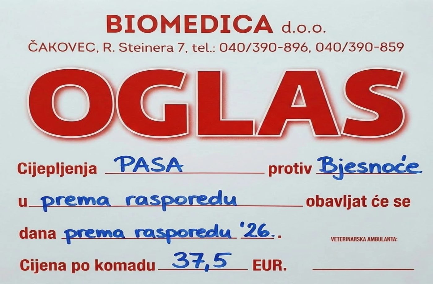 Oglas za cijepljenje pasa 2026